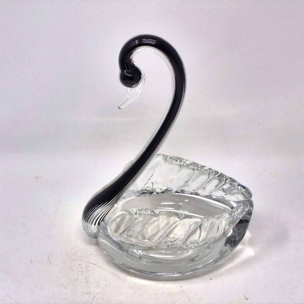 Vintage Belfor Crystal? Clear And Black Glass Swan Dish